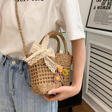 Straw Handbag Lace Bow Flower Shoulder Bag Women Messenger Purse