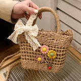Straw Handbag Lace Bow Flower Shoulder Bag Women Messenger Purse