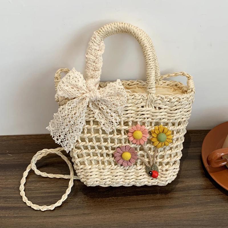 Straw Handbag Lace Bow Flower Shoulder Bag Women Messenger Purse