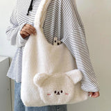 Bear Women's Faux Lamb Wool Shoulder Bag Plush Tote Purse Handbag