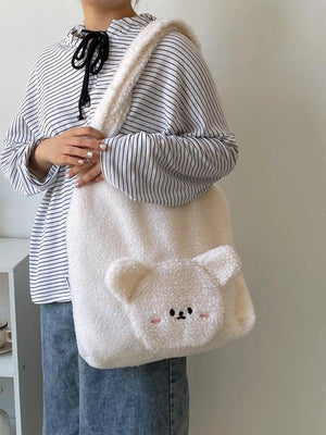 Bear Women's Faux Lamb Wool Shoulder Bag Plush Tote Purse Handbag