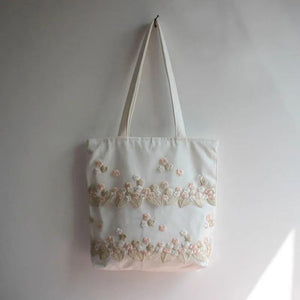 Lace Canvas Shoulder Bag Embroidery Flower Tote Beach Bag