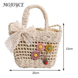 Handwoven Rattan Flower Handbag Lace Bow Shoulder Bag