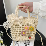 Lace Bow Flower Straw Handbag Women Shoulder Bags Messenger Bag Purse