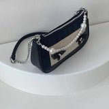 Vintage Pearls Underarm Chain Bag PU Leather Flap Handbag