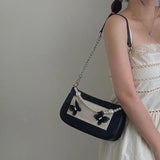 Vintage Pearls Underarm Chain Bag PU Leather Flap Handbag