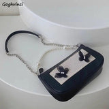 Vintage Pearls Underarm Chain Bag PU Leather Flap Handbag