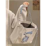 Japanese Embroidery Tote Bag Large Canvas Shopper Handbag