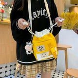 College Bear Transparent Girl Student Drawstring Bag Vintage Fun Messenger Bag