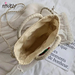 Ladies Cherry Woven Straw Bag Handbags Rattan Female Small Shoulder Bag