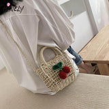 Ladies Cherry Woven Straw Bag Handbags Rattan Female Small Shoulder Bag