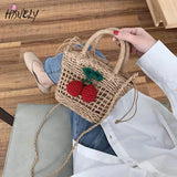 Ladies Cherry Woven Straw Bag Handbags Rattan Female Small Shoulder Bag