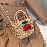 Ladies Cherry Woven Straw Bag Handbags Rattan Female Small Shoulder Bag