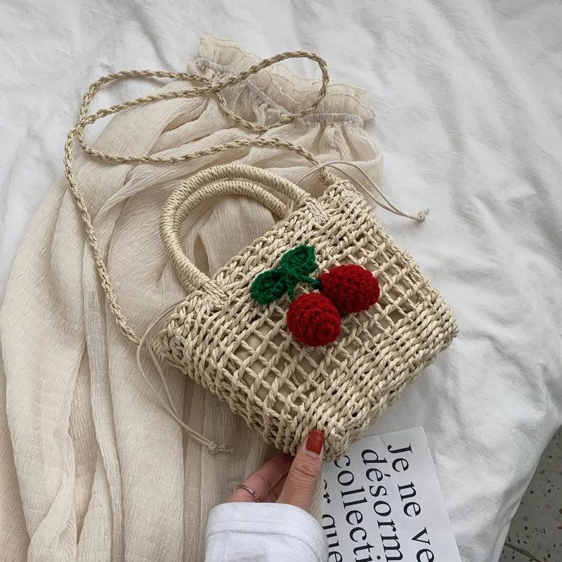 Ladies Cherry Woven Straw Bag Handbags Rattan Female Small Shoulder Bag