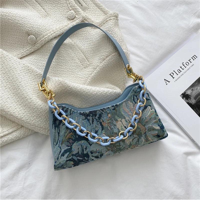 Oil Painting Printed Underarm Bag Retro Women Totes Shoulder Bags