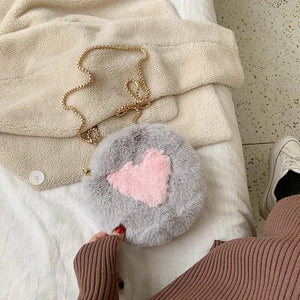 Round Plush Bag with Metal Chain Love Pattern