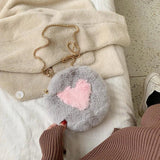 Round Plush Bag with Metal Chain Love Pattern