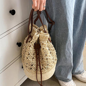 Summer Drawstring Straw Bucket Bag Hollow Woven Shoulder Messenger Bag