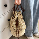 Summer Drawstring Straw Bucket Bag Hollow Woven Shoulder Messenger Bag