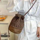 Summer Drawstring Straw Bucket Bag Hollow Woven Shoulder Messenger Bag