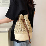 Summer Drawstring Straw Bucket Bag Hollow Woven Shoulder Messenger Bag