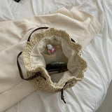 Summer Drawstring Straw Bucket Bag Hollow Woven Shoulder Messenger Bag