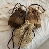 Summer Drawstring Straw Bucket Bag Hollow Woven Shoulder Messenger Bag
