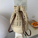 Summer Drawstring Straw Bucket Bag Hollow Woven Shoulder Messenger Bag