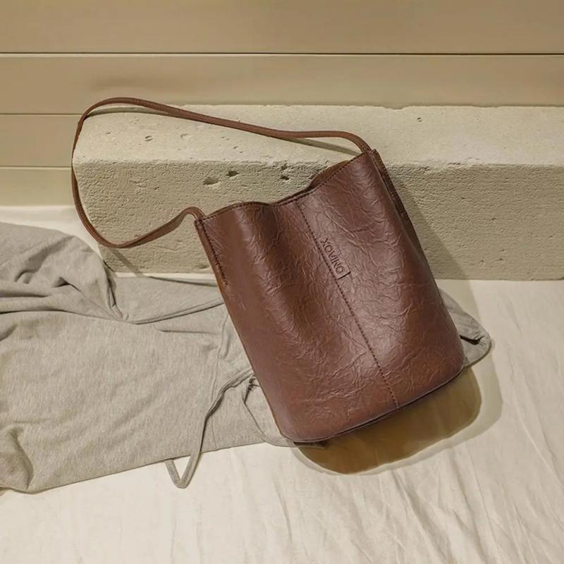 Vintage Bucket Totes Shoulder Crossbody Bag PU Leather for Women