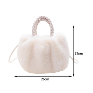 Leather Weave Handle Plush Handbag Fluffy Soft Tote Bag Purse Women's Clutch