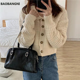 Green PU Leather Women Shoulder Bags Solid Ladies Tote Handbags