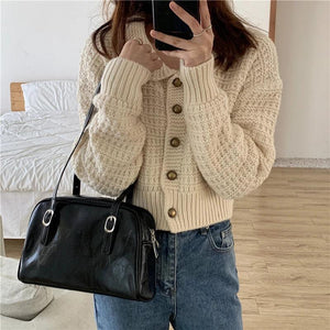 Green PU Leather Women Shoulder Bags Solid Ladies Tote Handbags