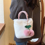 Winter Plush Cherry Shoulder Bag Women Cross-body Furry Bucket Handbag