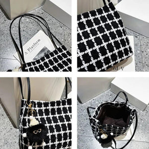 Autumn Woolen Shoulder Bags Plaid Vintage Bucket Bag Large Capacity Tote Handbag