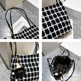 Autumn Woolen Shoulder Bags Plaid Vintage Bucket Bag Large Capacity Tote Handbag
