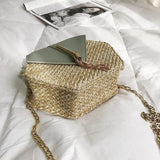 Hexagon Straw Leather Handbag Women Summer Rattan Bag
