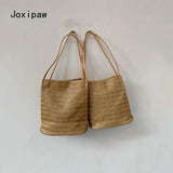 Large Capacity Shoulder Bags for Women Vintage Straw Bag Bucket Handbags