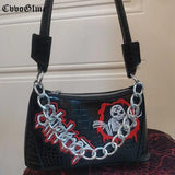Punk Solid PU Leather Shoulder Bags For Women Skull Chain Handbags