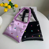 Retro Stuffed Cotton Small Shoulder Bag with Diamonds