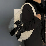 Velvet Bowknot Women Half Moon Shoulder Bag Sweet Female Girls Large Handbags
