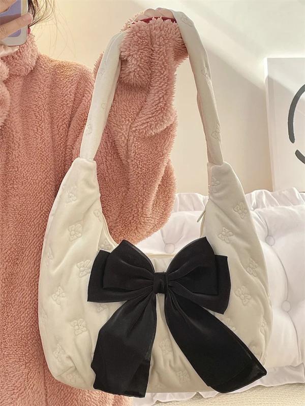 Velvet Bowknot Women Half Moon Shoulder Bag Sweet Female Girls Large Handbags