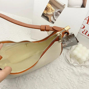 Women Shoulder Bags Panelled PU Leather Zipper Half Moon Underarm Bag