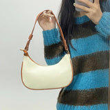 Women Shoulder Bags Panelled PU Leather Zipper Half Moon Underarm Bag