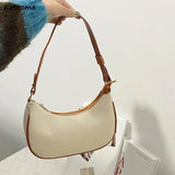 Women Shoulder Bags Panelled PU Leather Zipper Half Moon Underarm Bag