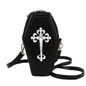 Gothic Crossbody Handbag Coffin Shape PU Leather Messenger Bag for Halloween