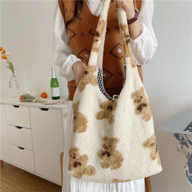 Fluffy Fur Bear Shoulder Tote Bag Soft Shopping Bag F111408