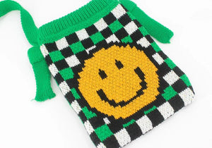 Vintage Knitted Chequer Plaid Smiley Face Pouch Bag