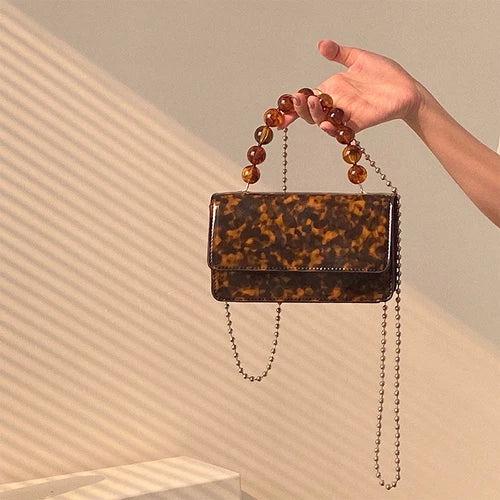 Retro Beaded Chain Small Handbags Ladies Mini Square Shoulder Crossbody Bags