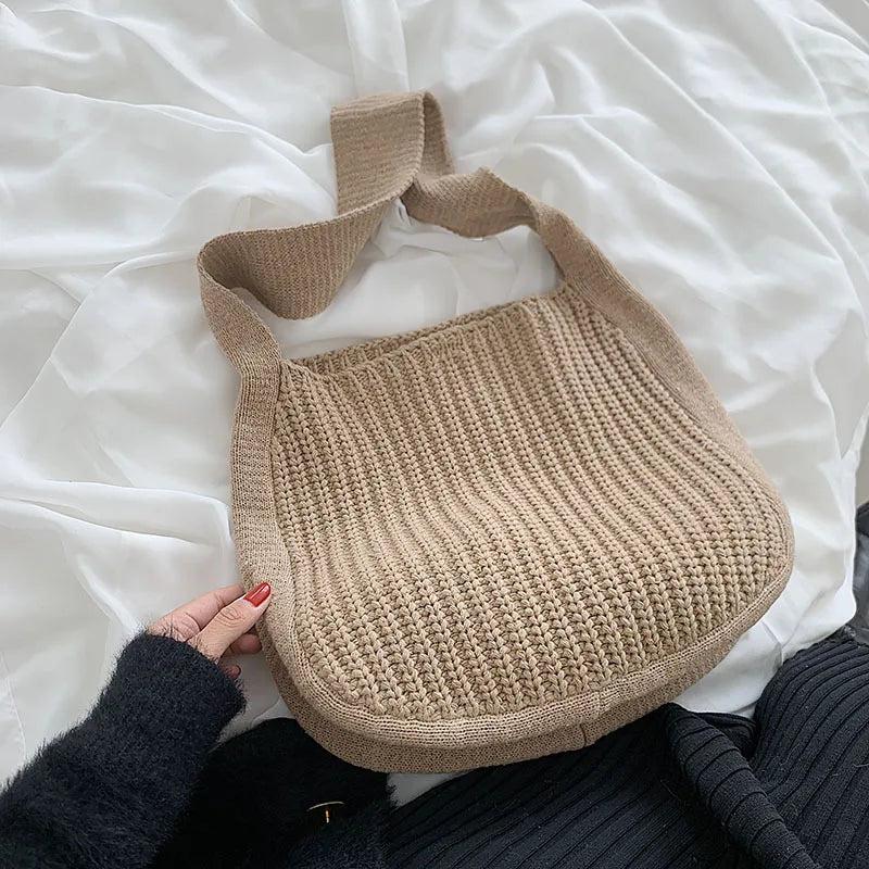 Retro Wool Shoulder Bag for Women Winter Totes Large Capacity Shopping Handbag