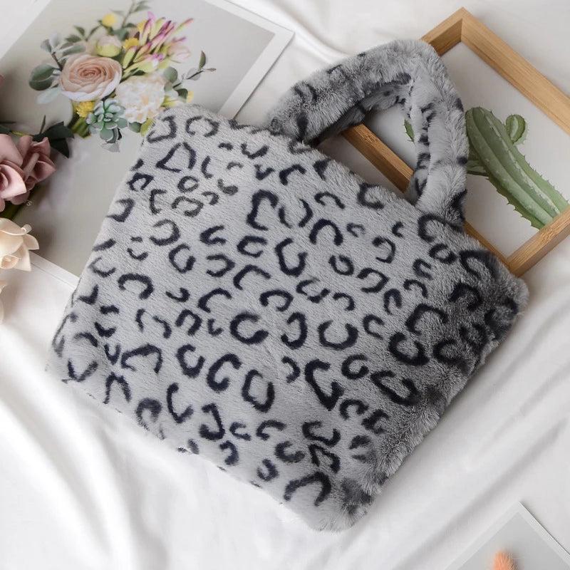 Female Winter Fluffy Warm Leopard Plush Tote Handbag